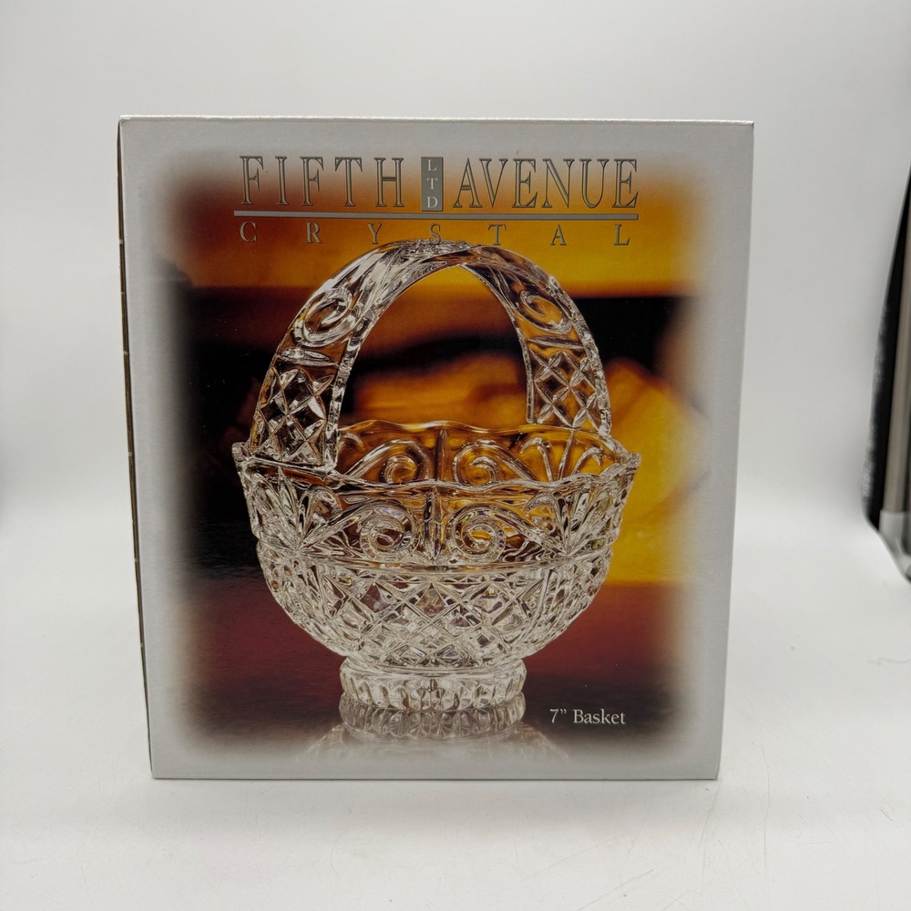 Fifth Avenue Crystal Ltd 7 Inch Basket Clear Cut Glass Footed Handle